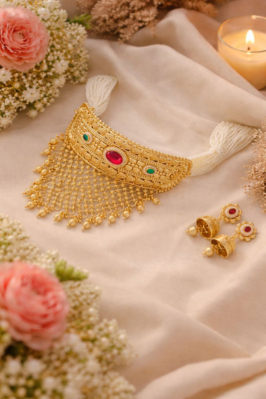 Royal Rajwadi Antique Gold Mesh Choker Necklace Set with Kemp Stones & Pearls