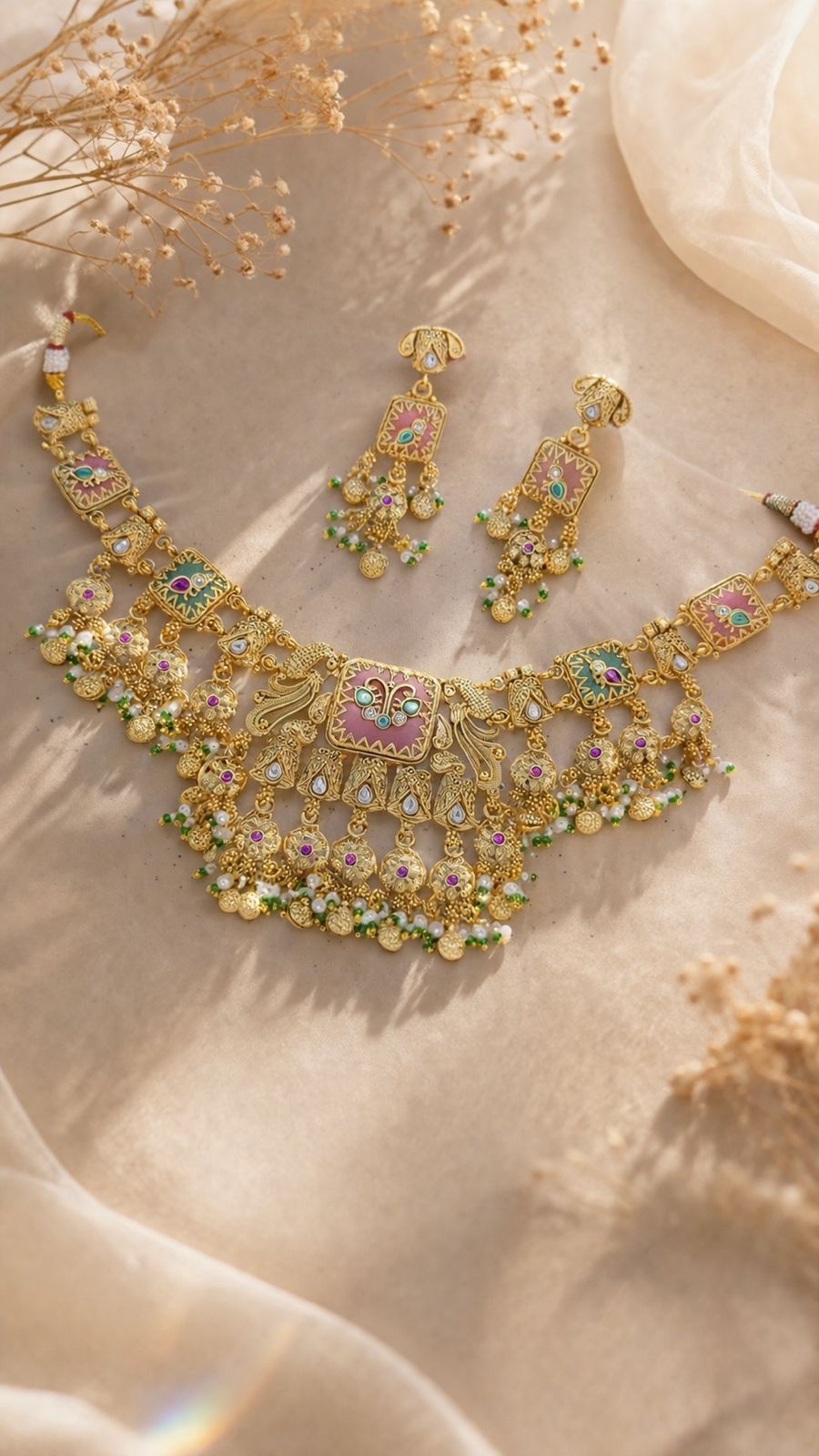 Regal Antique Gold Peacock Choker Set with Pink & Green Meenakari Detailing