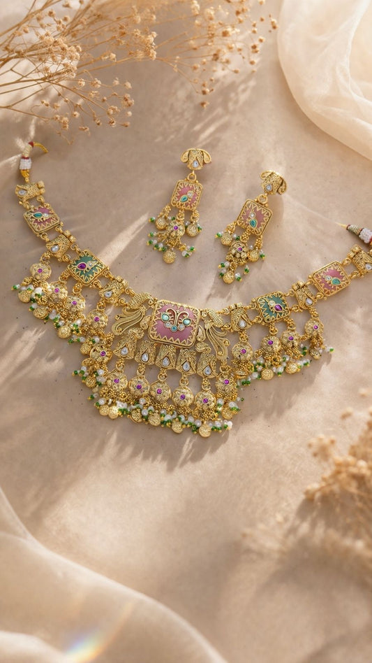 Regal Antique Gold Peacock Choker Set with Pink & Green Meenakari Detailing