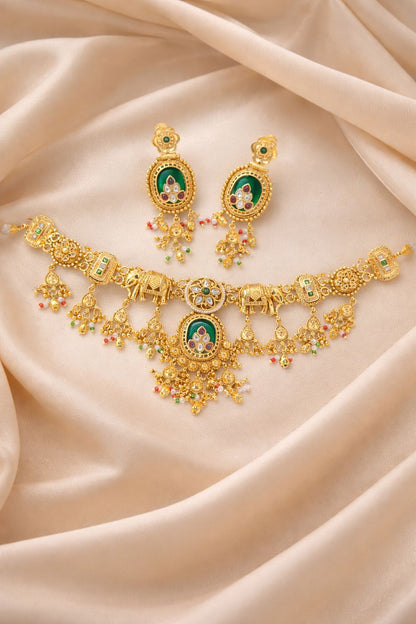 Hey Bae Royal Elephant Motif Antique Gold Choker Set with Green Stones & Pearls