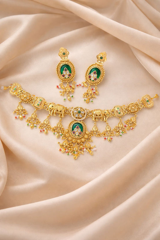 Hey Bae Royal Elephant Motif Antique Gold Choker Set with Green Stones & Pearls