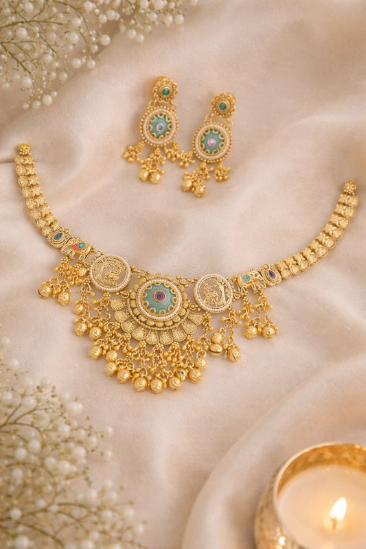 Regal Heritage Matte Gold Temple Necklace Set with Mint Enamel & Ghungroos