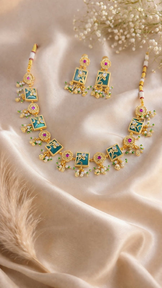 Hey Bae Geometric Emerald Kundan Choker Necklace Set with Earrings – Gold Plated Structured Bridal Jewelry