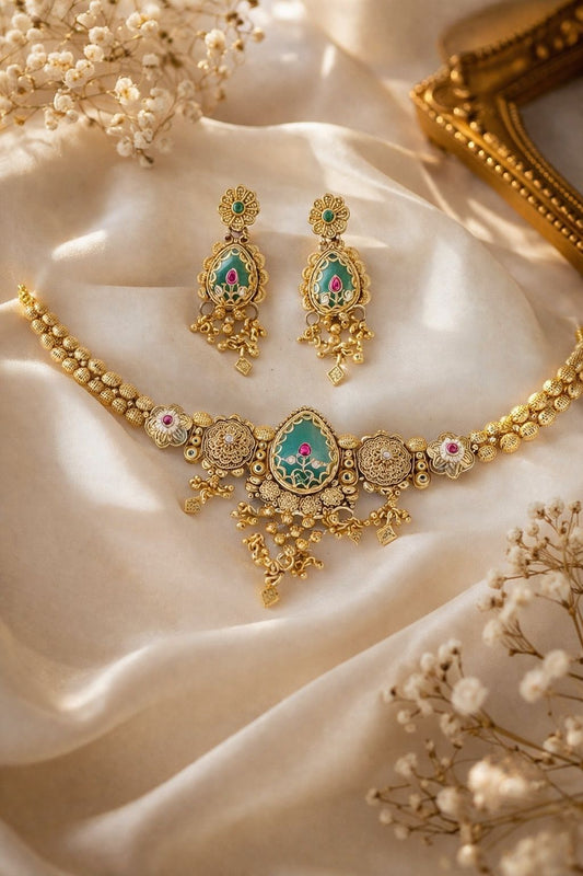 Hey Bae Heritage Mint Green Kundan Pearl Choker Set with Earrings – Handcrafted Ethnic Gold Plated Multicolor Jewelry