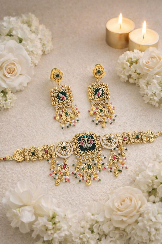 Hey Bae Royal Green Enamel & Kundan Antique Gold Plated Choker Necklace Set