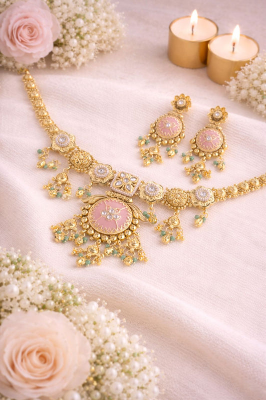 Hey Bae Royal Blush Pink Meenakari & Kundan Gold-Plated Necklace Set
