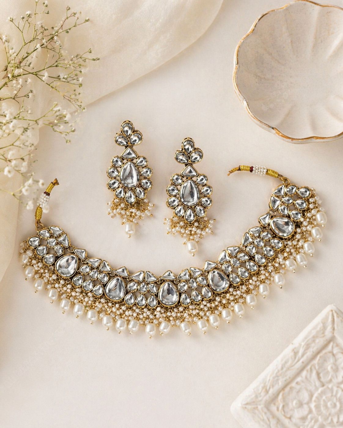 Hey Bae White Kundan Pearl  Set with Maang Tikka & Jhumka Earrings – Handcrafted Ethnic Gold Plated Bridal Jewelry