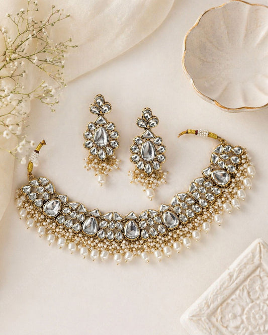 Hey Bae White Kundan Pearl  Set with Maang Tikka & Jhumka Earrings – Handcrafted Ethnic Gold Plated Bridal Jewelry