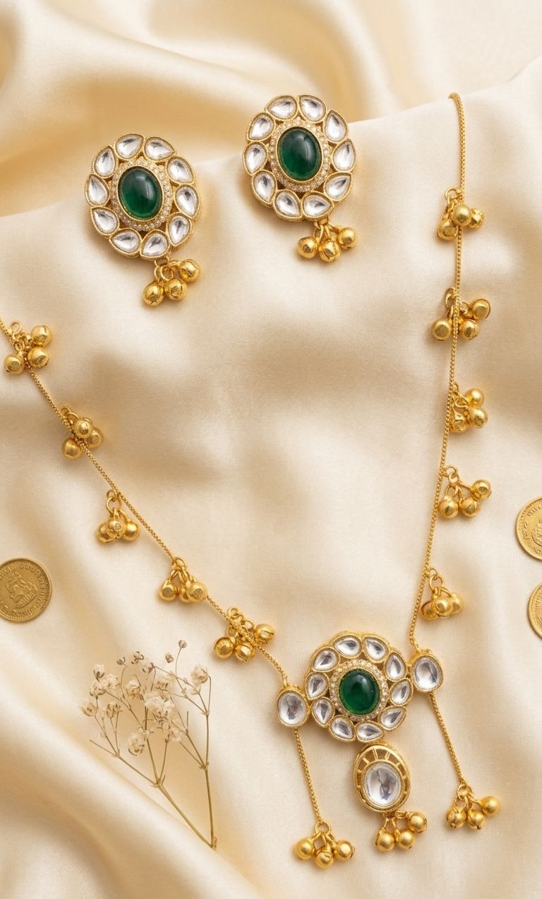 Hey Bae Emerald Kundan Long Necklace Set