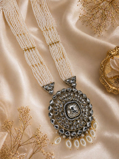 Hey Bae White Pearl Kundan Multi-Strand Rani Haar Set with Earrings & Maang Tikka – Handcrafted Gold Plated Bridal Jewelry
