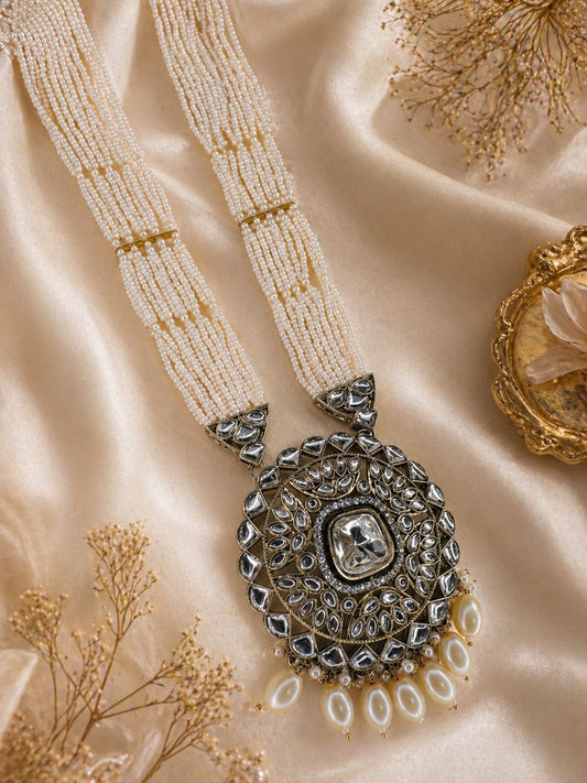 Hey Bae White Pearl Kundan Multi-Strand Rani Haar Set with Earrings & Maang Tikka – Handcrafted Gold Plated Bridal Jewelry