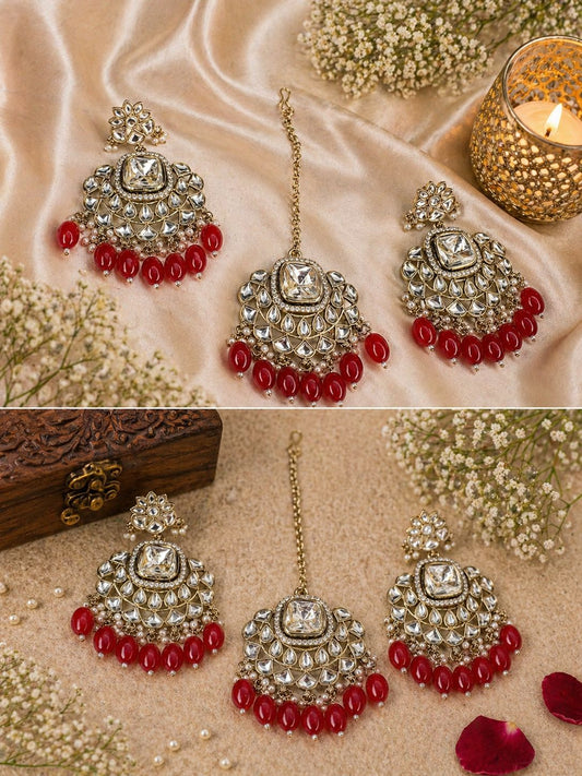 Hey Bae Red Bead & White Kundan Long Pearl Necklace Set with Earrings & Maang Tikka – Bridal Gold Plated Ethnic Jewelry