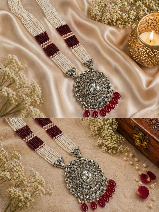 Hey Bae Red Bead & White Kundan Long Pearl Necklace Set with Earrings & Maang Tikka – Bridal Gold Plated Ethnic Jewelry