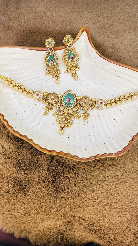 Hey Bae Heritage Mint Green Kundan Pearl Choker Set with Earrings – Handcrafted Ethnic Gold Plated Multicolor Jewelry