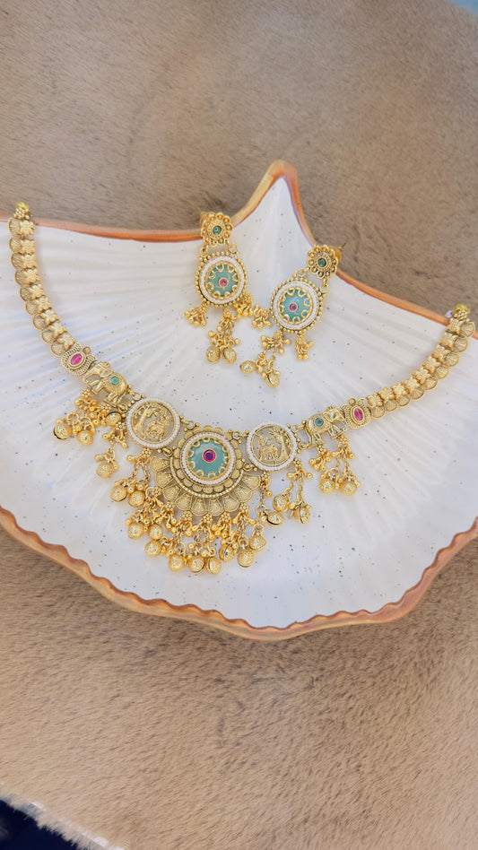 Regal Heritage Matte Gold Temple Necklace Set with Mint Enamel & Ghungroos