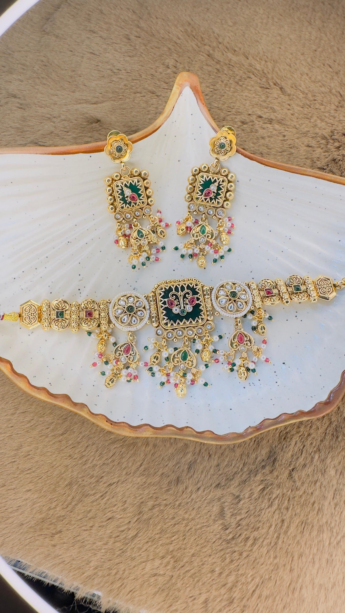 Hey Bae Royal Green Enamel & Kundan Antique Gold Plated Choker Necklace Set