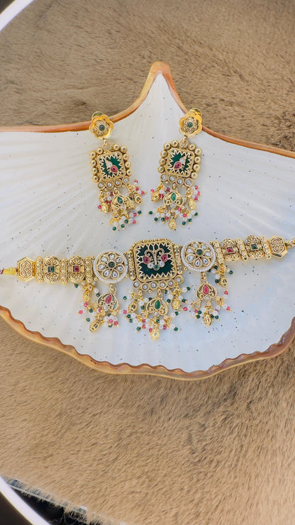 Hey Bae Royal Green Enamel & Kundan Antique Gold Plated Choker Necklace Set