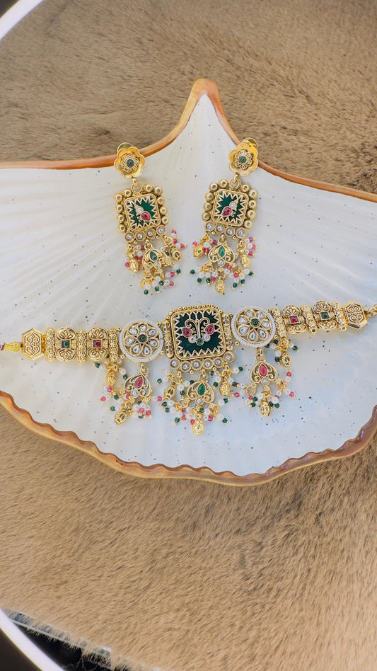 Hey Bae Royal Green Enamel & Kundan Antique Gold Plated Choker Necklace Set