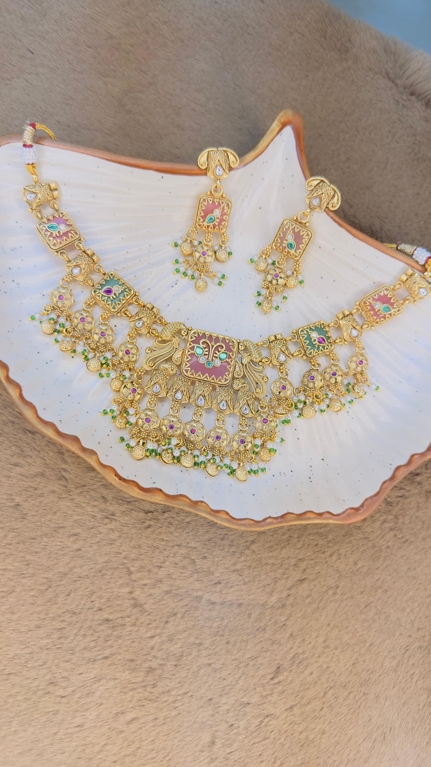Regal Antique Gold Peacock Choker Set with Pink & Green Meenakari Detailing