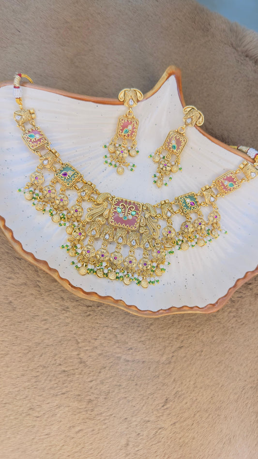 Regal Antique Gold Peacock Choker Set with Pink & Green Meenakari Detailing