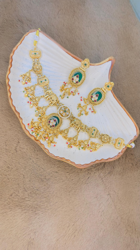 Hey Bae Royal Elephant Motif Antique Gold Choker Set with Green Stones & Pearls