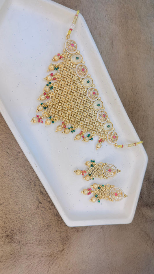 Regal Gold Mesh & Kundan Choker Set with Ruby-Emerald Accents