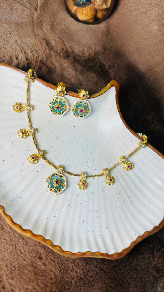 Hey Bae Royal Antique Gold Ruby-Green Stone Necklace Set with Earrings