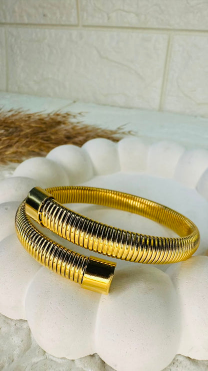 Golden Ribbed Coil Bangle Bracelet