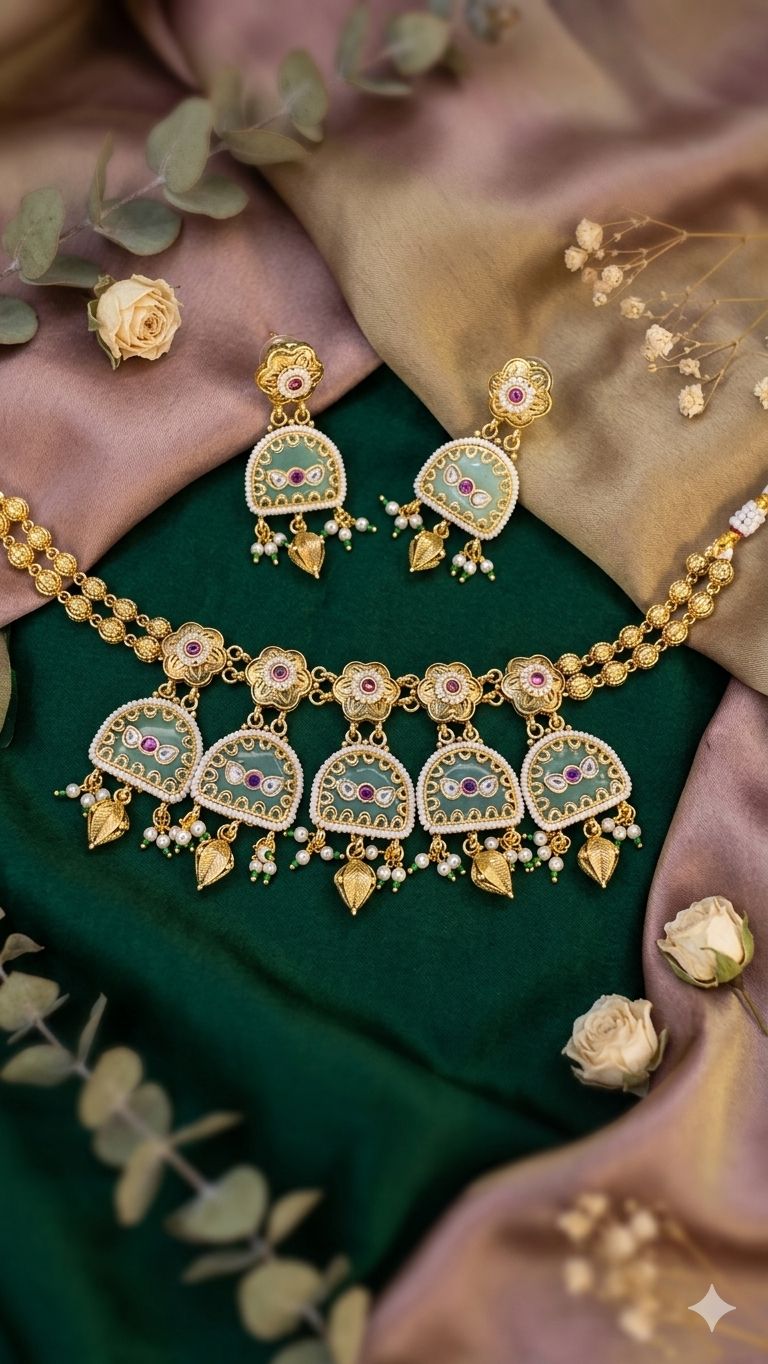 Hey Bae Mint Green Meenakari & Gold Choker Necklace Set with Pearls