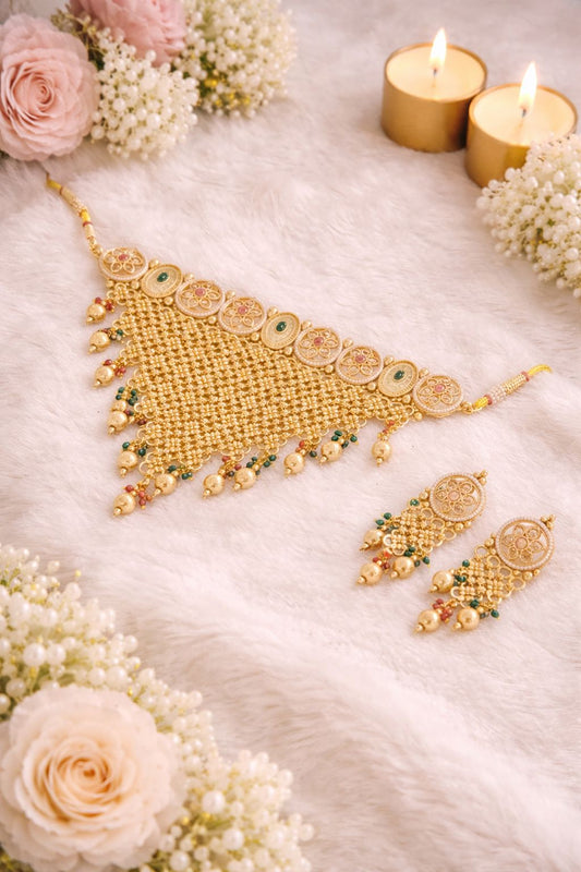 Regal Gold Mesh & Kundan Choker Set with Ruby-Emerald Accents