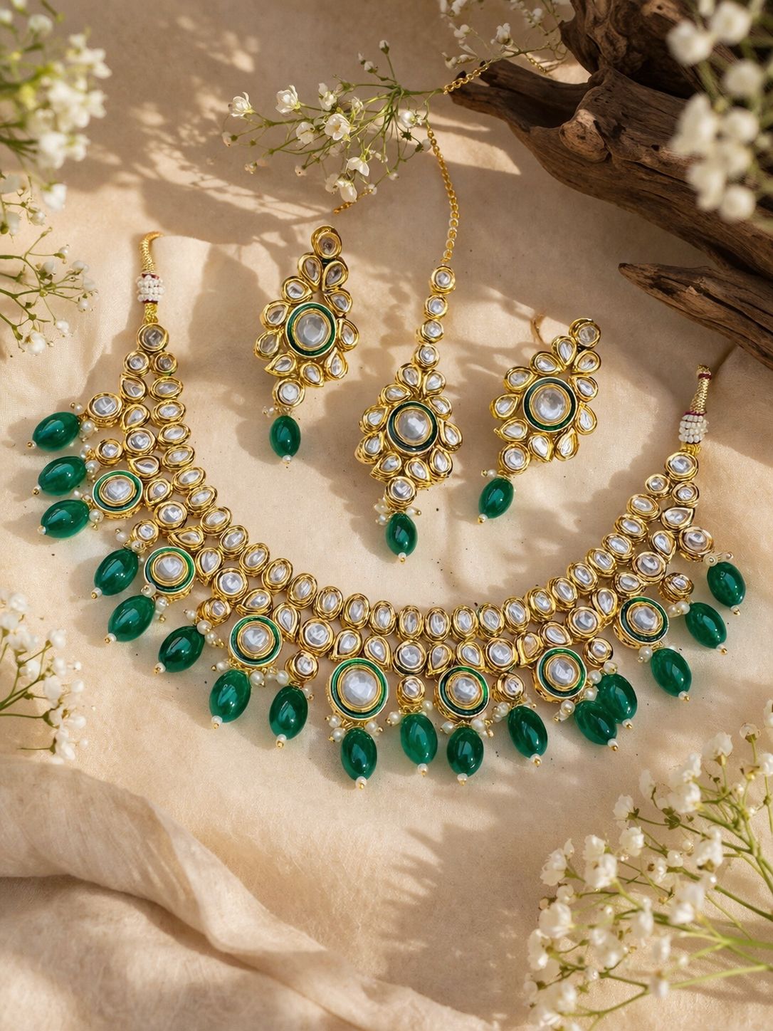 Hey Bae Emerald Green Kundan Pearl Choker Set with Earrings & Maang Tikka – Gold Plated Bridal Jewelry
