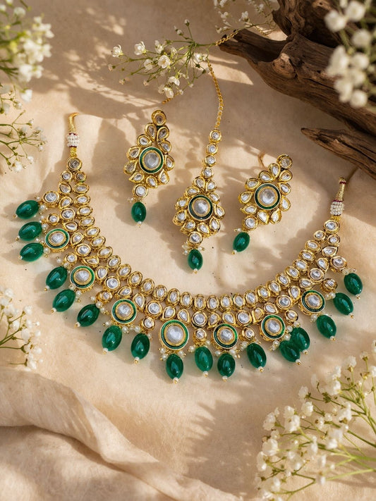 Hey Bae Emerald Green Kundan Pearl Choker Set with Earrings & Maang Tikka – Gold Plated Bridal Jewelry
