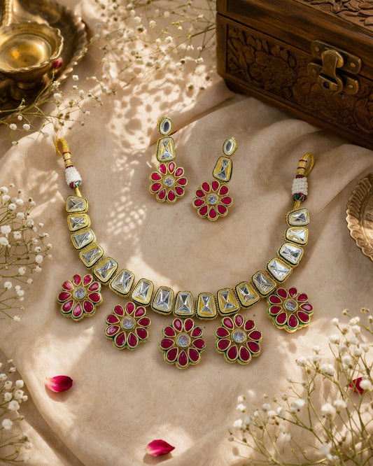 Hey Bae Ruby Kundan Floral Choker Necklace Set with Earrings – Gold Plated Wedding Jewellery