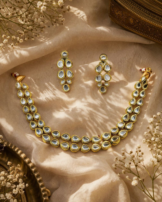 Hey Bae Double Line Kundan Choker Necklace Set – Gold Plated Traditional Bridal Jewelry with Earrings