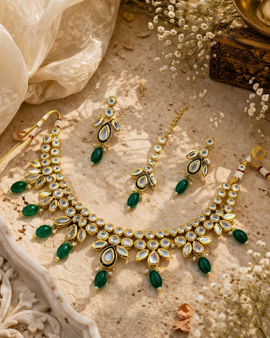 Hey Bae Emerald Green Kundan Choker Necklace Set with Earrings & Maang Tikka – Gold Plated Bridal Jewelry