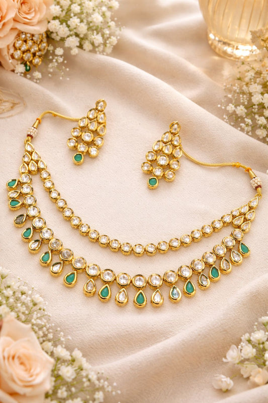 Hey Bae Emerald Teardrop Kundan Layered Necklace Set with Earrings – Gold Plated Festive & Bridal Jewelry