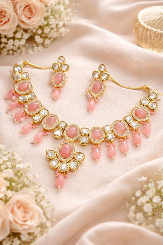 Hey Bae Pastel Pink Kundan Choker Necklace Set – Gold Plated Bridal Jewelry with Earrings & Maang Tikka