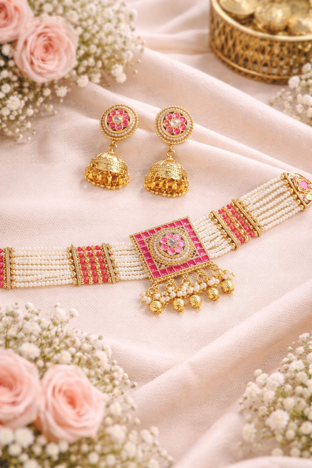 Hey Bae Royal Ruby Kundan & Pearl Choker Necklace Set with Jhumka Earrings – Multi-Strand Gold Plated Heritage Jewelry