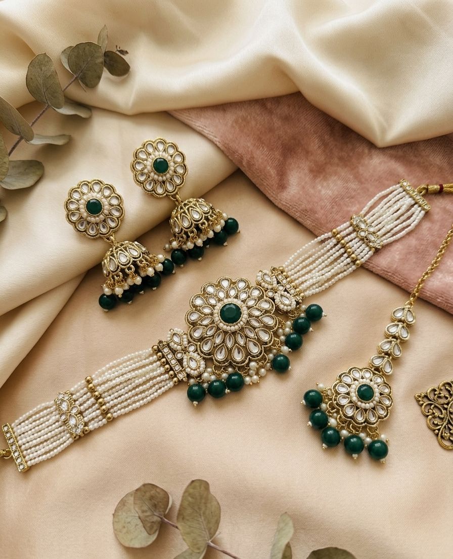 Hey Bae Choker Pearl Necklace Set with Earrings – Handcrafted Ethnic Gold Plated Bridal Jewelry