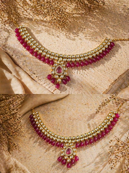 Hey Bae Blush Pink Kundan Bridal Choker Necklace Set with Earrings & Maang Tikka – Gold Plated Jewelry