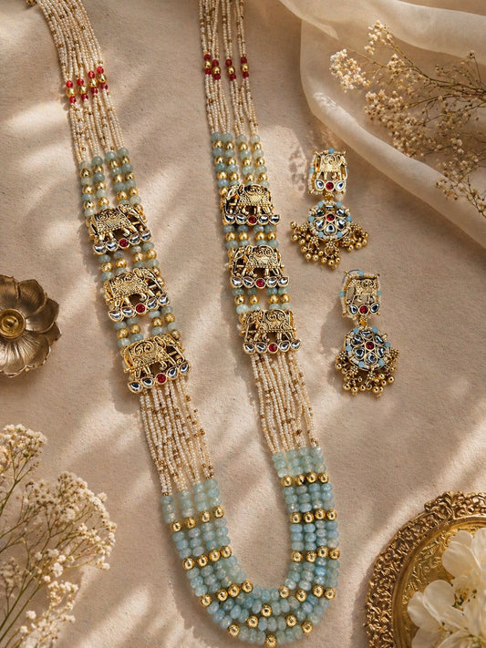 Hey Bae Blue Temple Beads & Elephant Motif Long Necklace Set – Handcrafted Gold Plated Heritage Jewelry