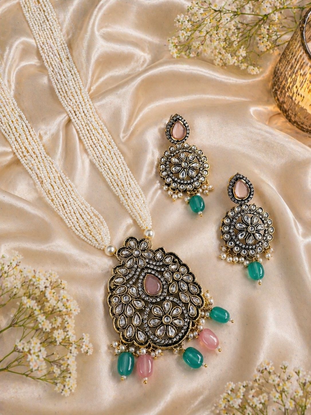 Hey Bae Pastel Green & Pink Stone Pearl Set with Earrings – Gold Plated Floral Bridal Jewelry