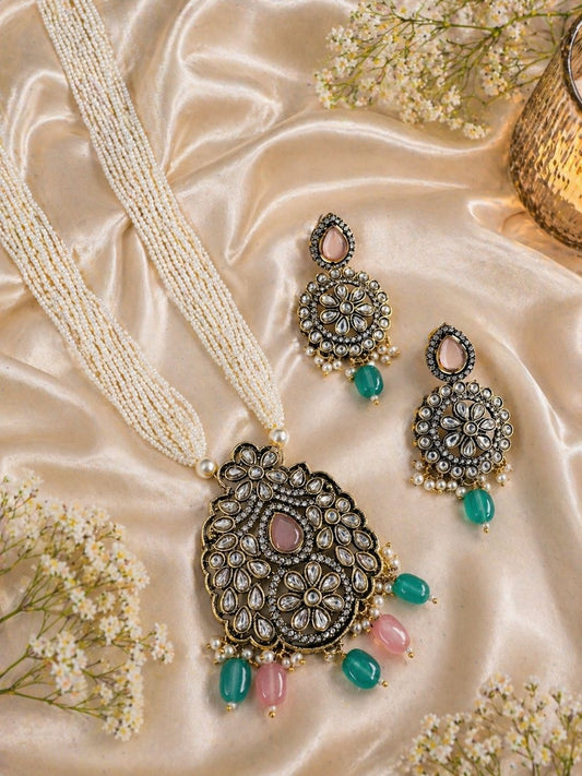 Hey Bae Pastel Green & Pink Stone Pearl Set with Earrings – Gold Plated Floral Bridal Jewelry