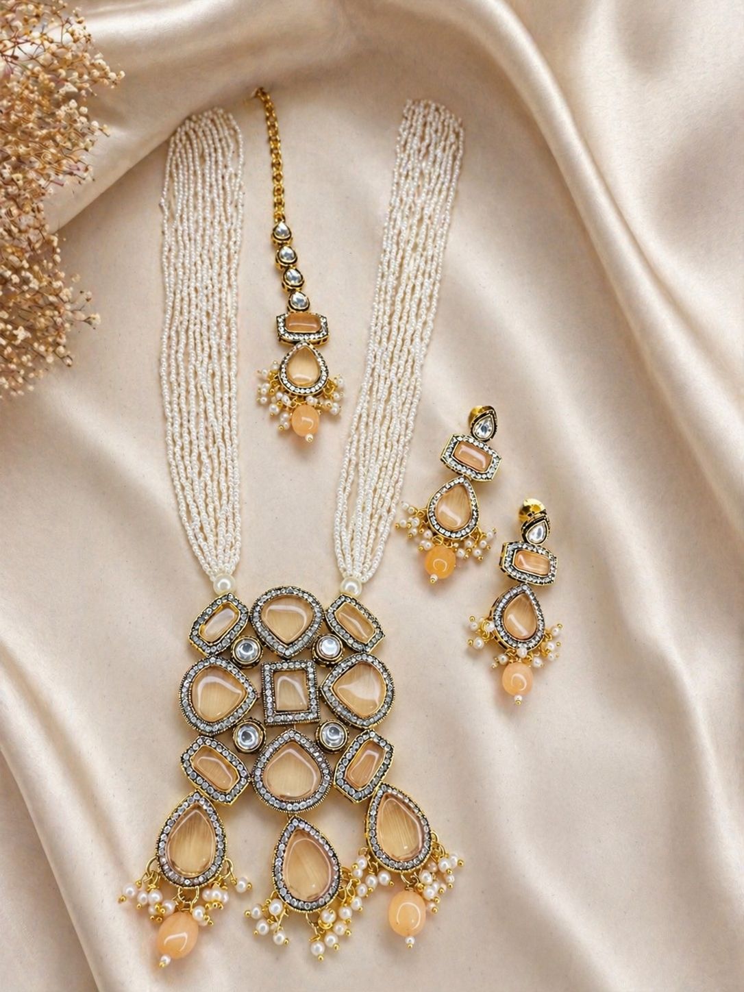 Hey Bae Beige Multi-Stone Kundan Pearl Rani Haar Set with Earrings & Maang Tikka – Handcrafted Gold Plated Neutral Jewelry