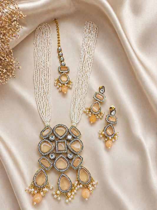 Hey Bae Beige Multi-Stone Kundan Pearl Rani Haar Set with Earrings & Maang Tikka – Handcrafted Gold Plated Neutral Jewelry
