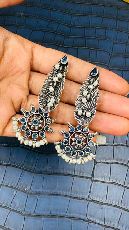 Oxidised Feather Pearl Earrings – Ethnic Statement Earrings for Women