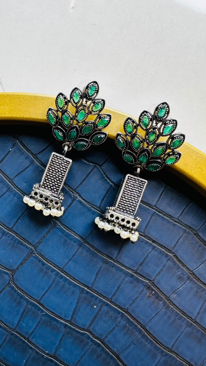 Big Oxidised German Silver Drop Earrings – Pearl Fringe Statement