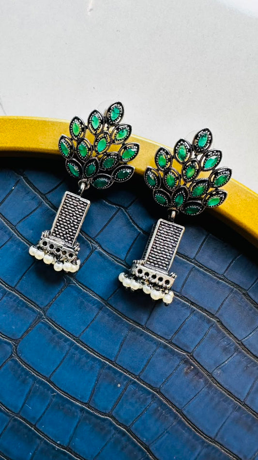 Big Oxidised German Silver Drop Earrings – Pearl Fringe Statement