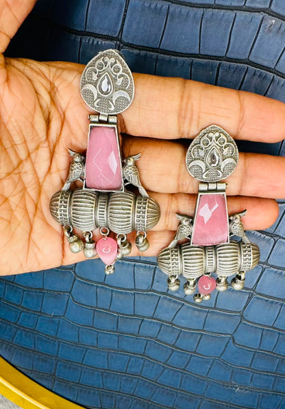 Oxidised Bird Design Earrings – Antique Silver Pink Drop Jhumkas