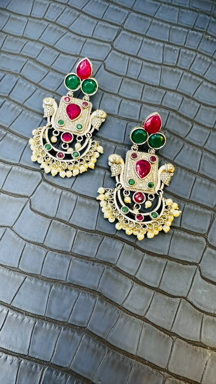 Oxidised Stone Earrings – Antique Ethnic Jhumkas
